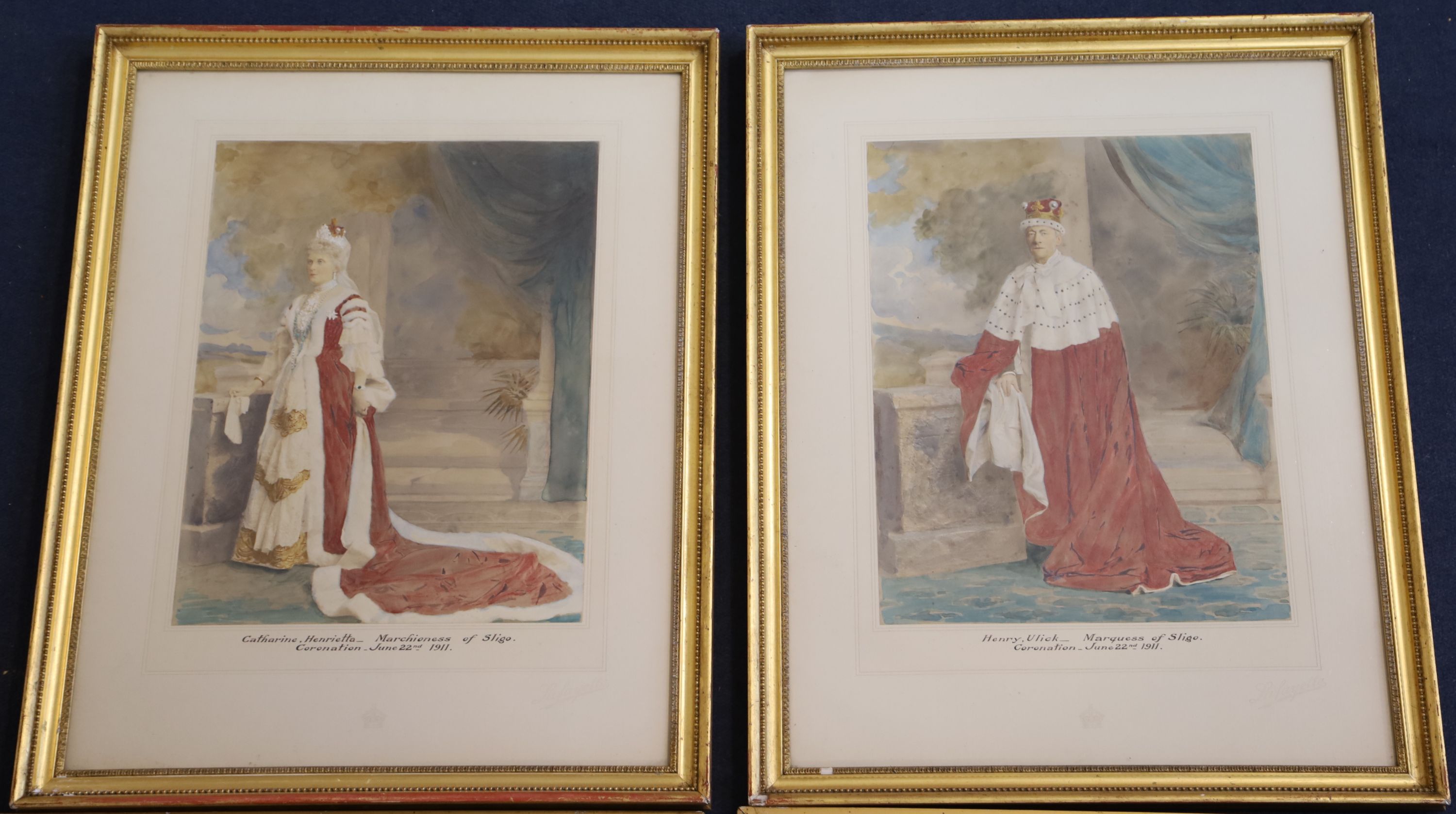 Two pairs of hand tinted photographs of Henry Ulick de Burgh, 7th Marquess of Sligo and Agatha, Marchioness of Sligo, largest overall 5